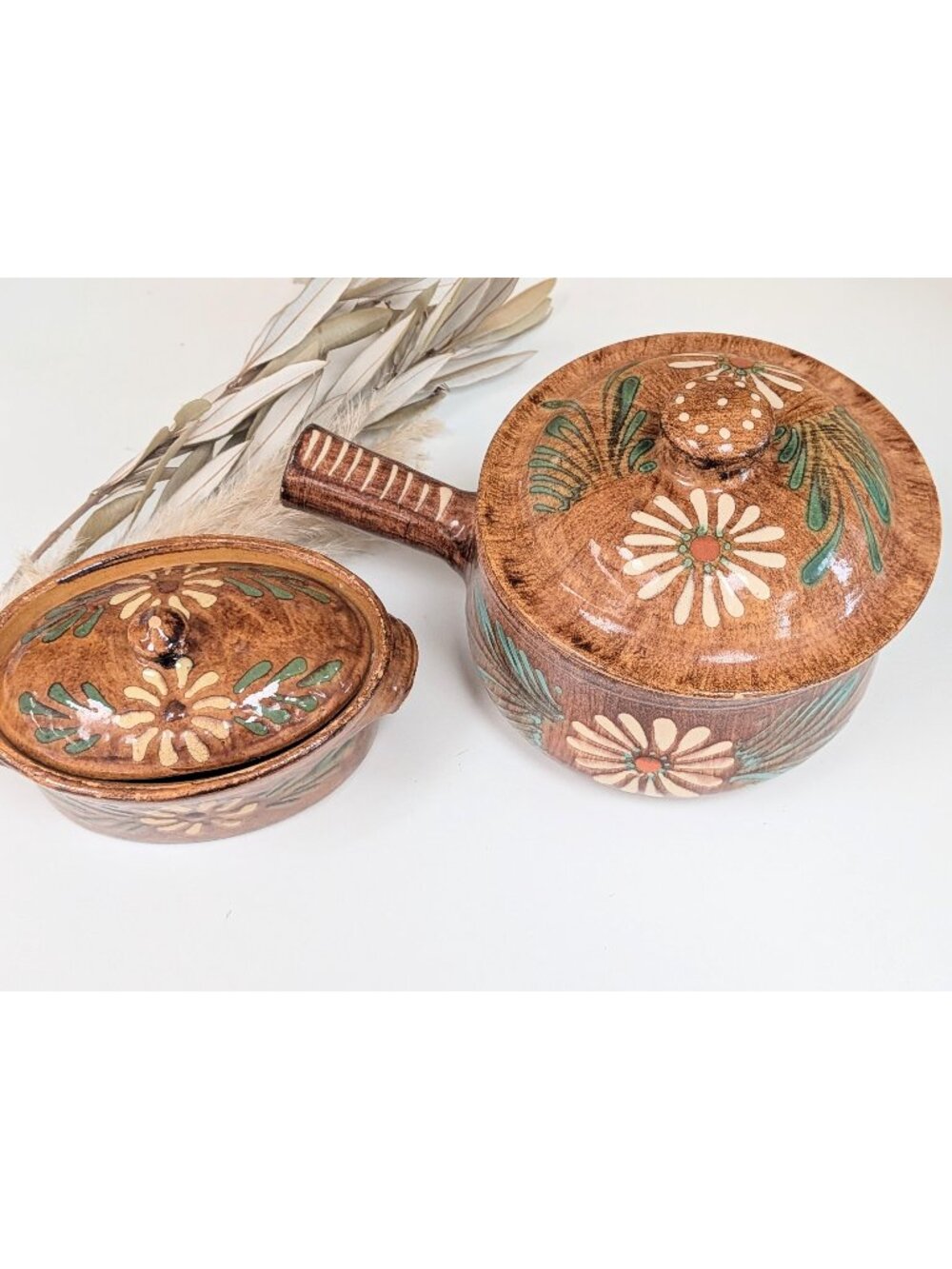 Vintage 1960s French Terracotta Glazed Pot & Serving Dish Set | Daisy Pattern